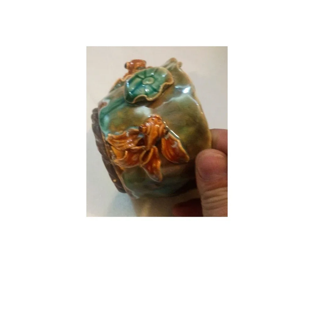 Vintage Majolica Style Green Glaze Ceramic Bowl Planter | Applied Floral Leaf